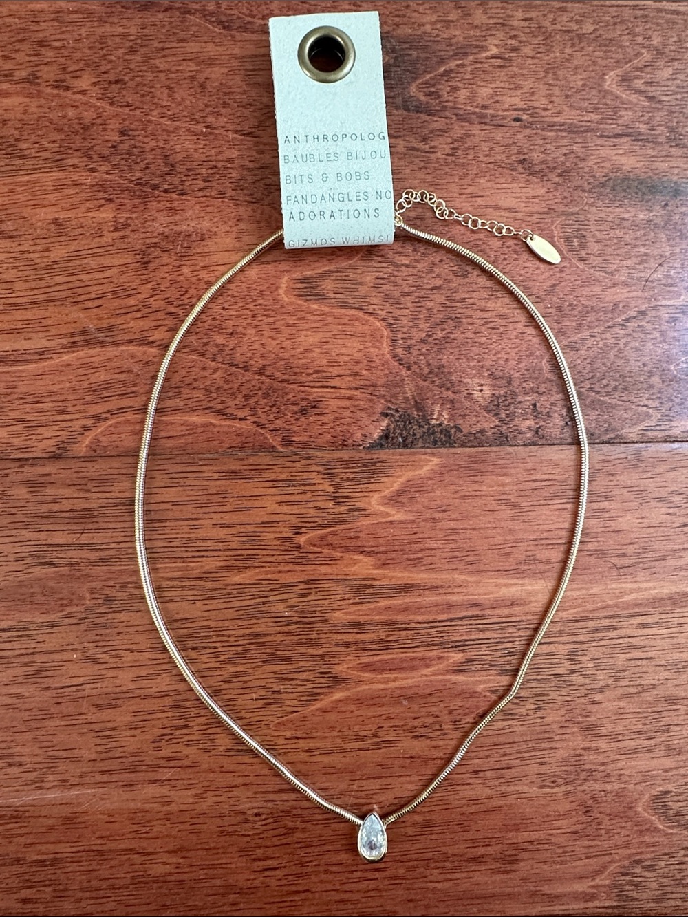 Anthropologie Gold Teardrop Pendant Choker with Clear Stone